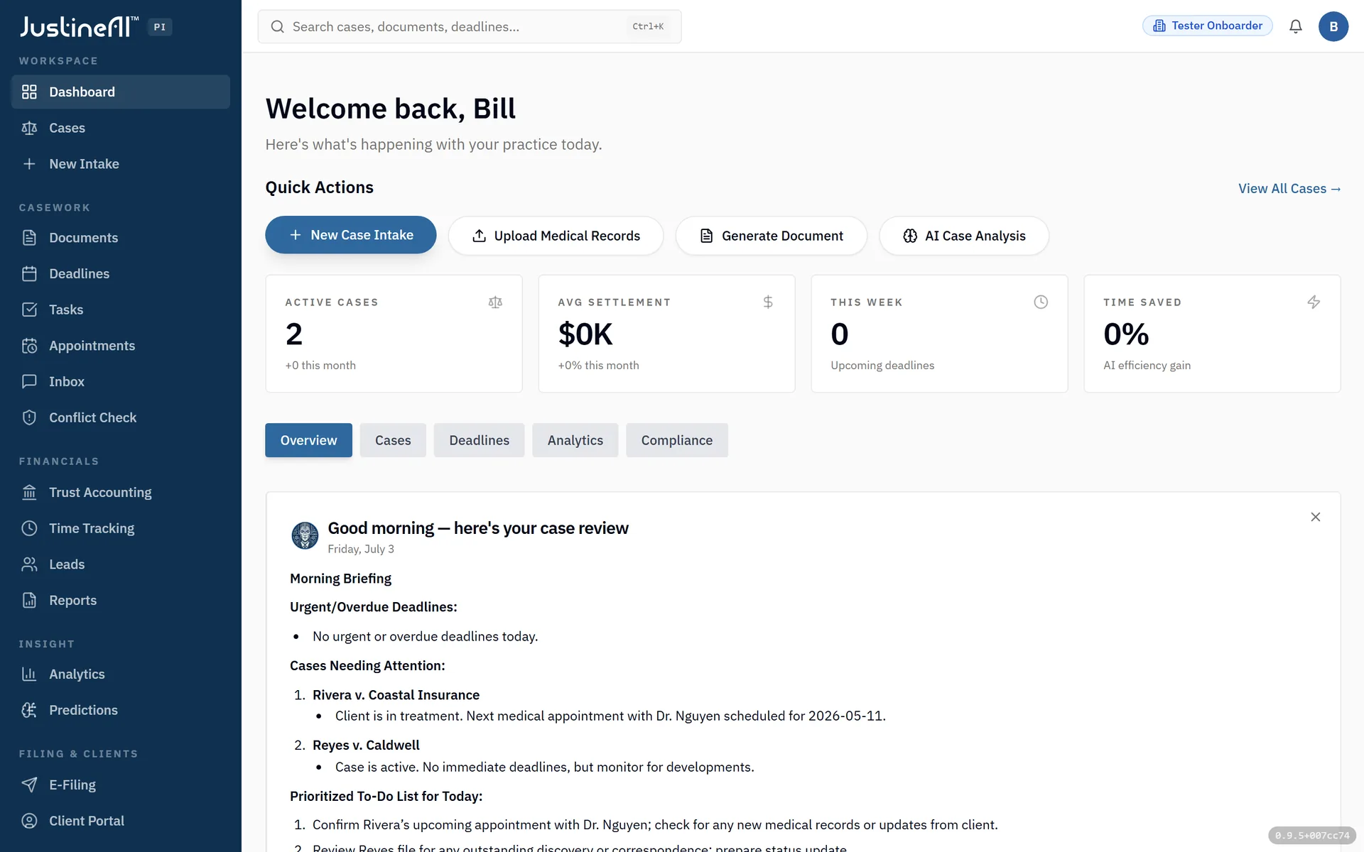 The dashboard with case pipeline, AI insights, and Justine’s autonomous activity.