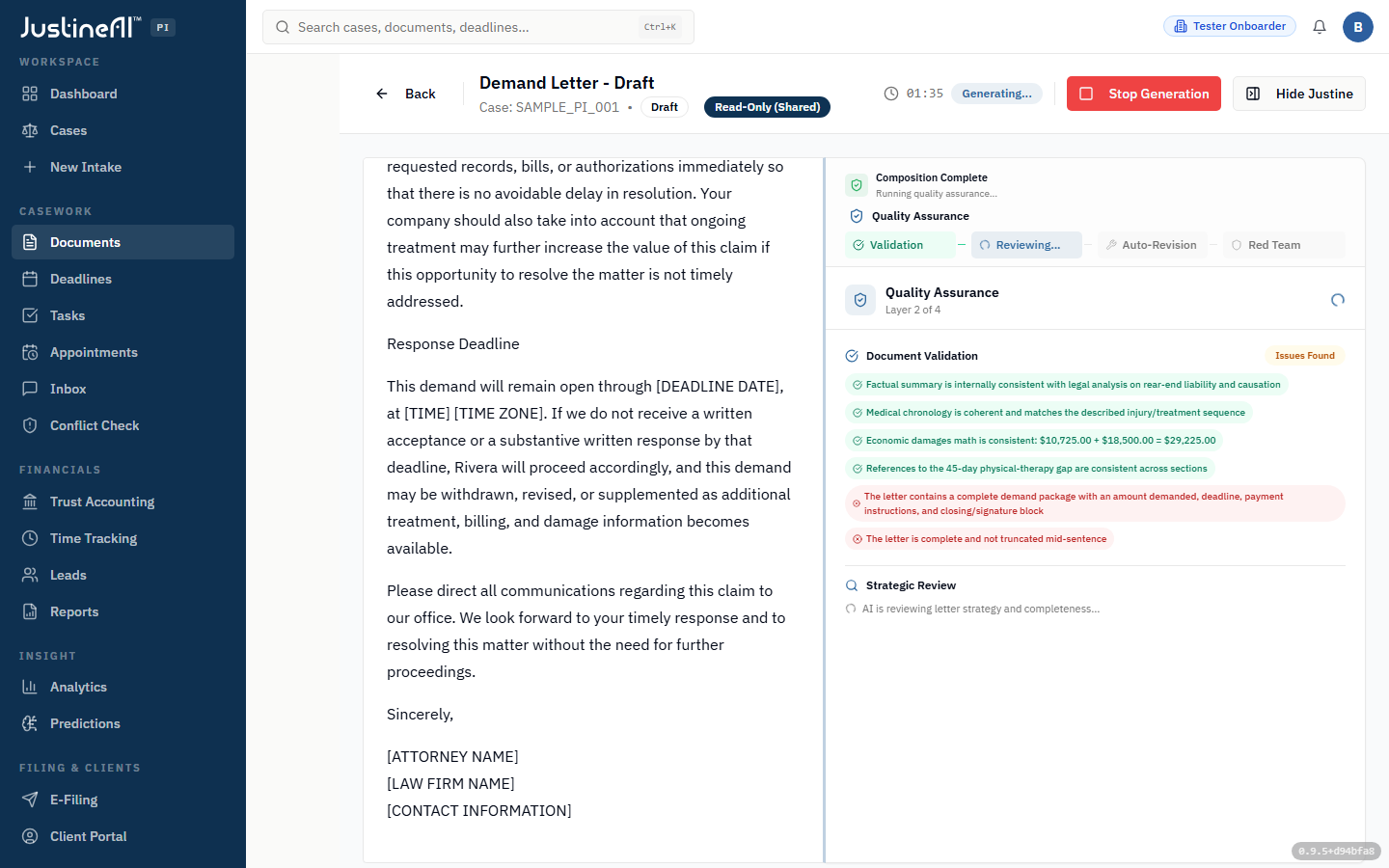 A streaming demand letter beside a four-layer quality-assurance panel — Validation, Strategic Review, Auto-Revision, Red Team — with grounded checks: economic-damages math ($10,725 + $18,500 = $29,225) and treatment-gap consistency across sections.