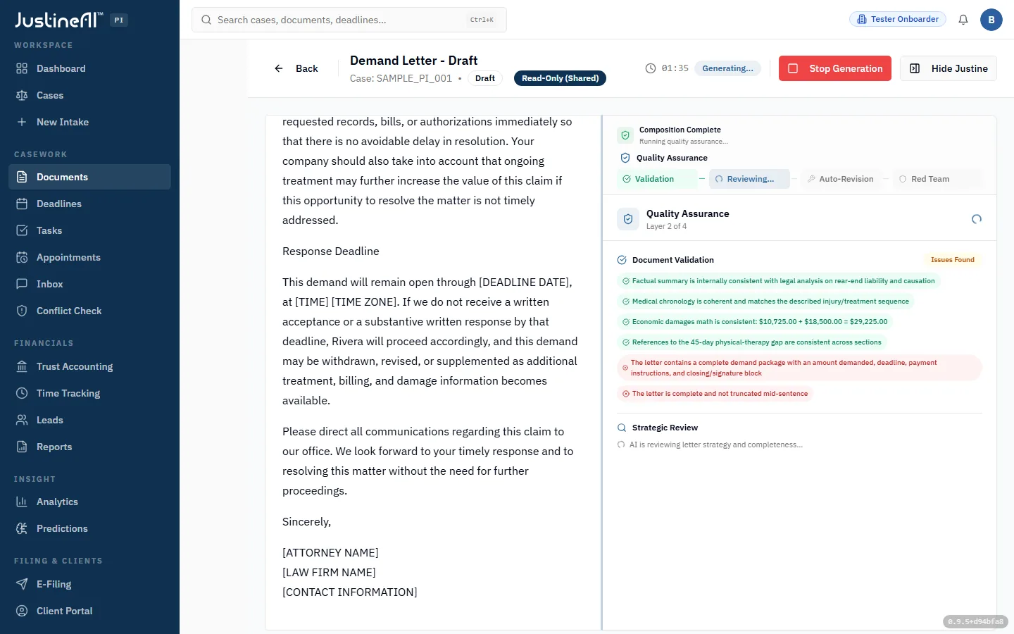 A streaming demand letter beside a four-layer quality-assurance panel — Validation, Strategic Review, Auto-Revision, Red Team — with grounded checks: economic-damages math ($10,725 + $18,500 = $29,225) and treatment-gap consistency across sections.