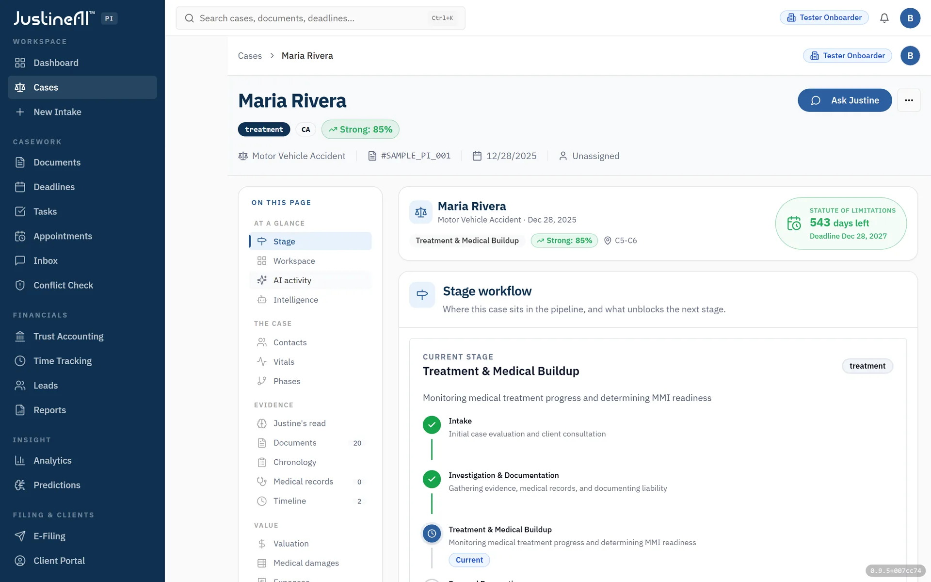 The matter workspace with essentials, stage workflow, and reasoning panels.