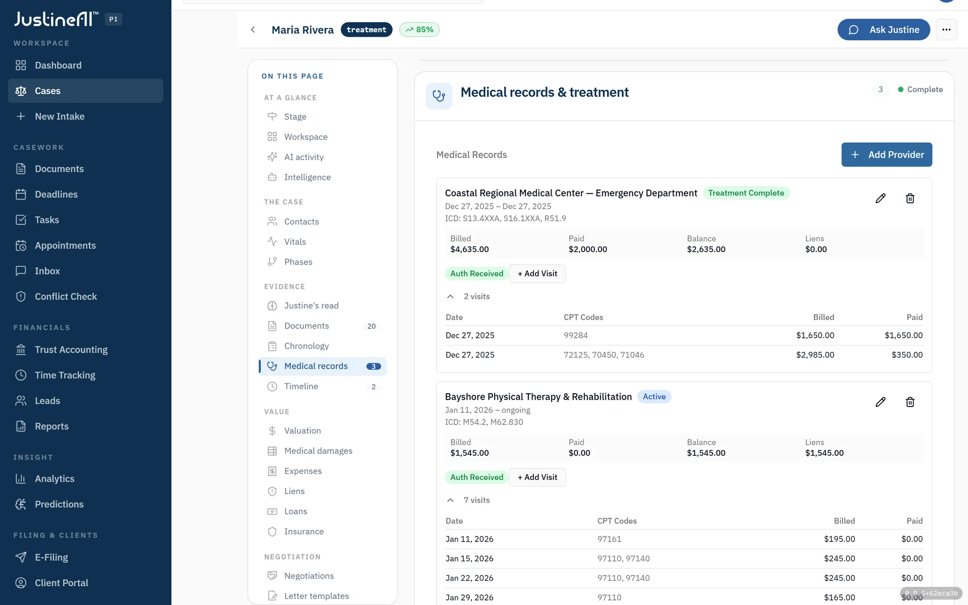 The medical-records ledger — emergency, orthopedic, and physical-therapy providers, each with ICD-10 diagnoses, per-visit CPT codes, and billed / paid / balance / lien tracking.