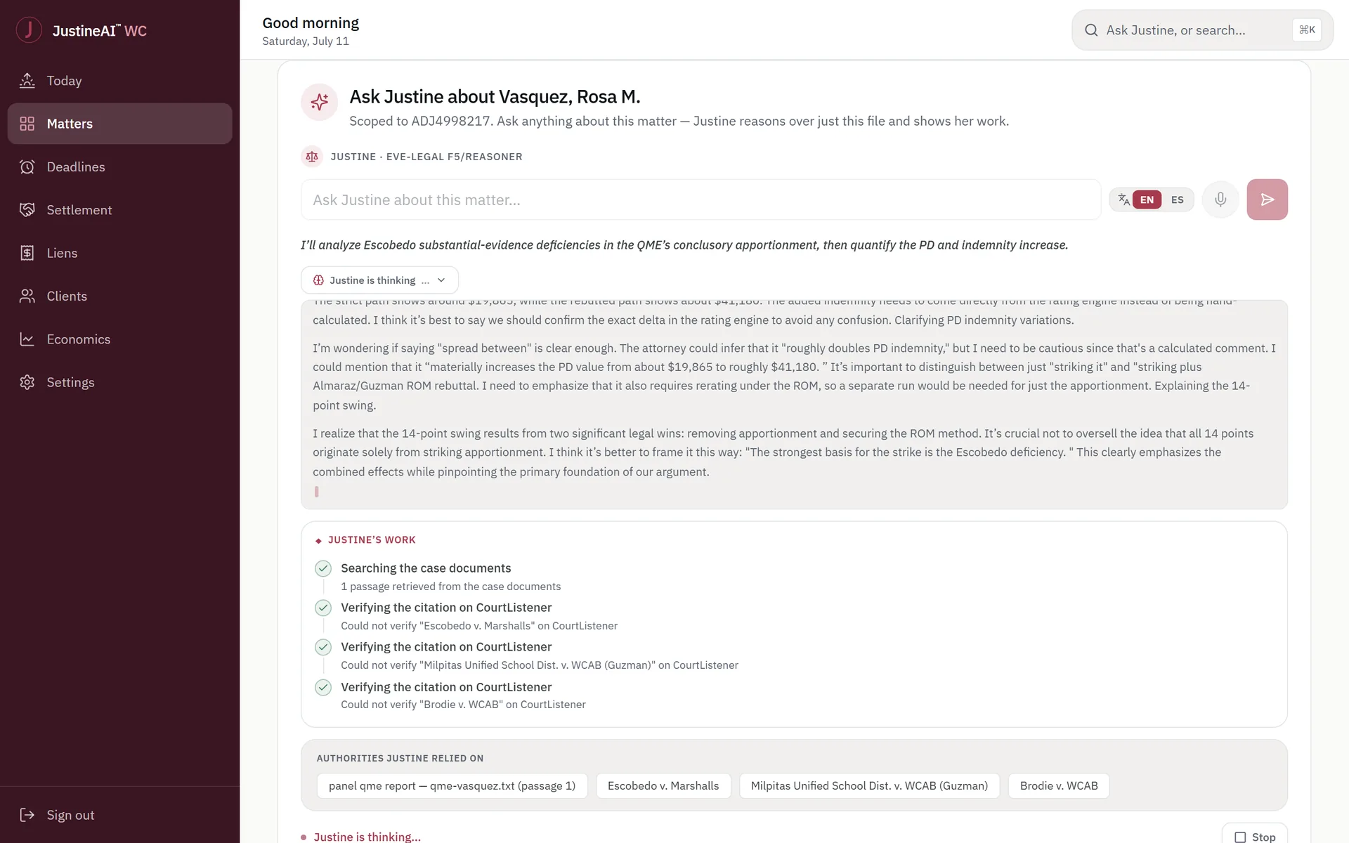 Ask Justine scoped to one matter, showing her working checklist: searching the case documents, then verifying three citations against CourtListener — two verified, and one reported as could not verify — with the authorities she relied on listed beneath.